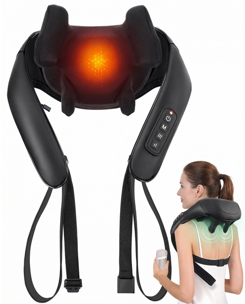 Neck massager close-up with infrared heat glow and controls
