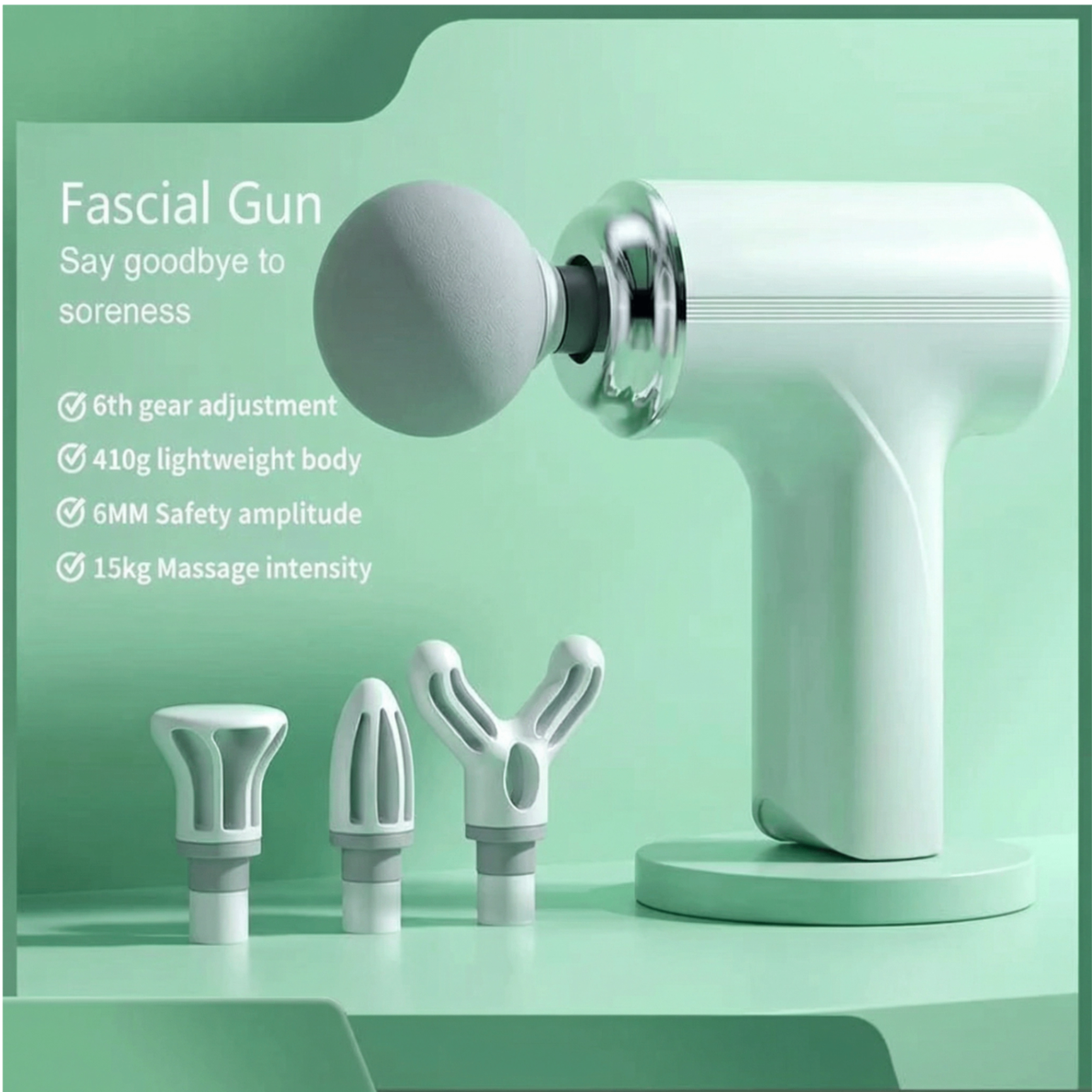 Fascial Gun features - 6 gear adjustment, 410g lightweight, 15kg massage intensity