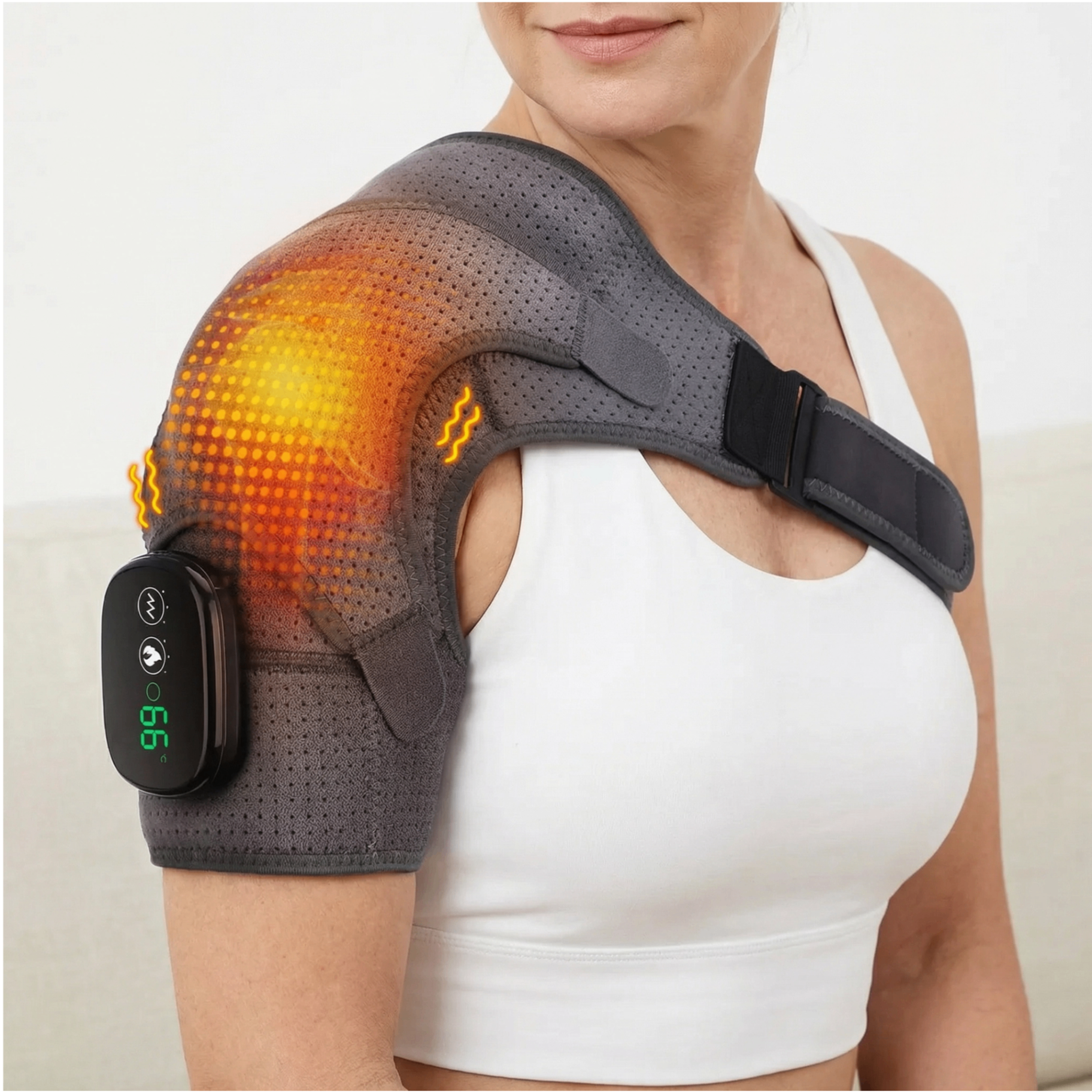 Heated Shoulder Wrap — woman wearing device with heat glow active