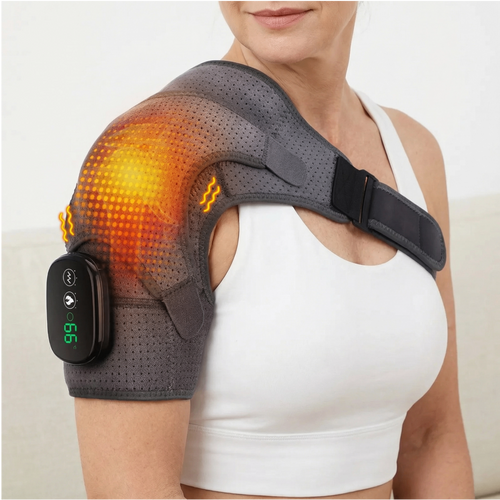 Heated Shoulder Wrap — woman wearing device with heat glow active