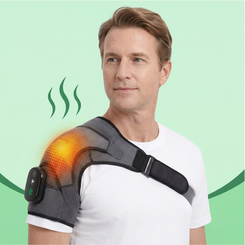 Heated Shoulder Wrap — man wearing device on green background