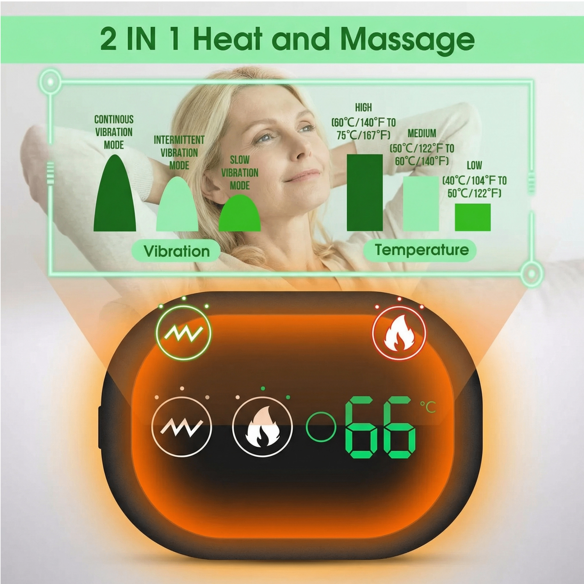 Heated Shoulder Wrap — 2-in-1 heat and massage control panel infographic